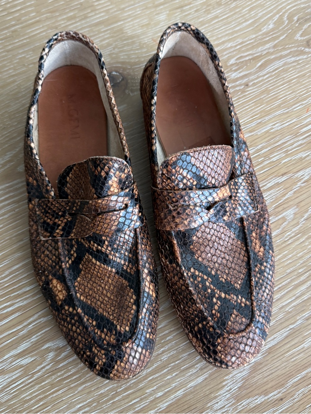 M. Gemi Brown and Black Snakeskin Leather Moccasin Loafers